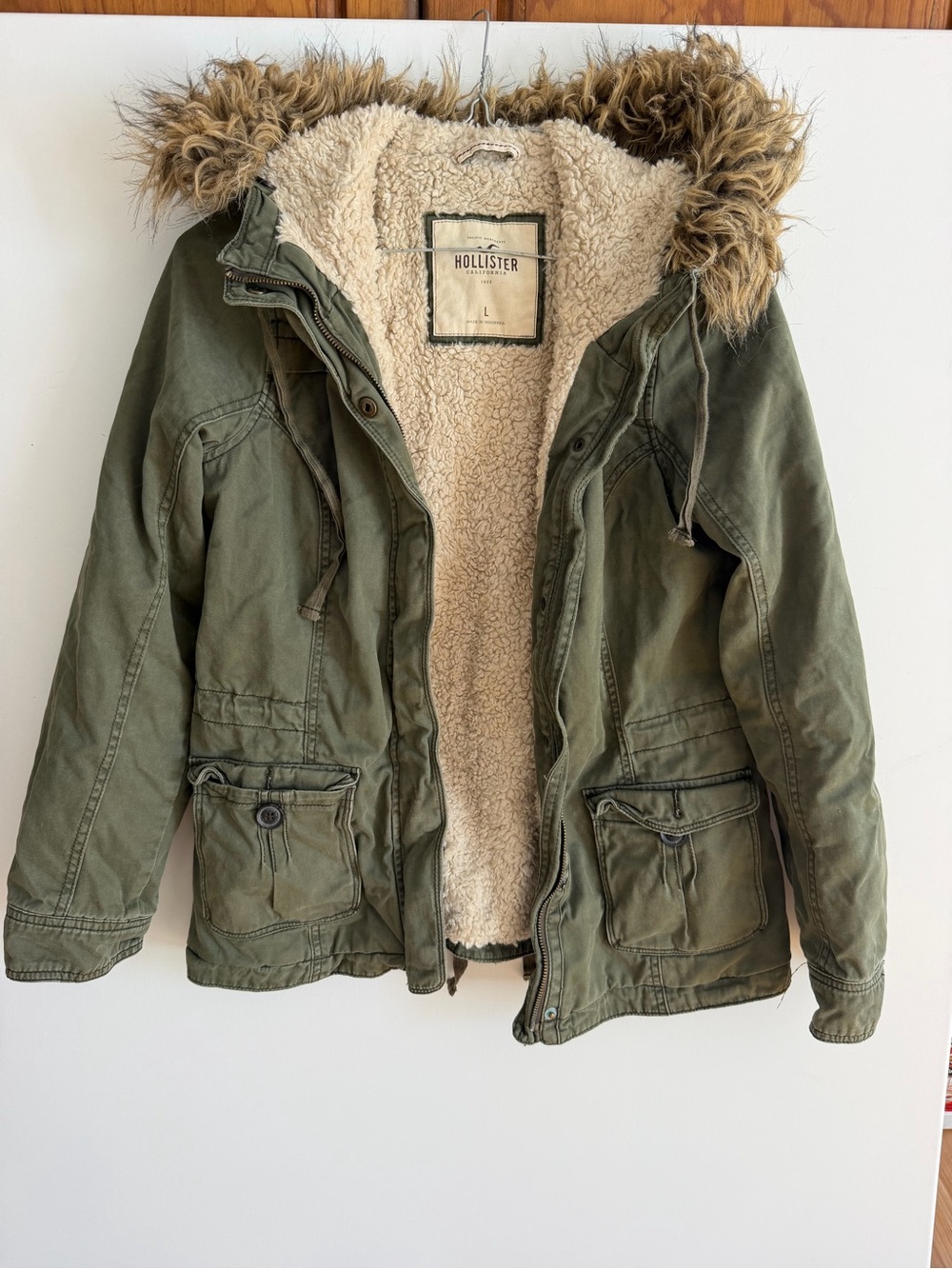 Hollister Womens L Olive Green Sherpa Lined Parka Faux Fur Hood Y2K Utility 046